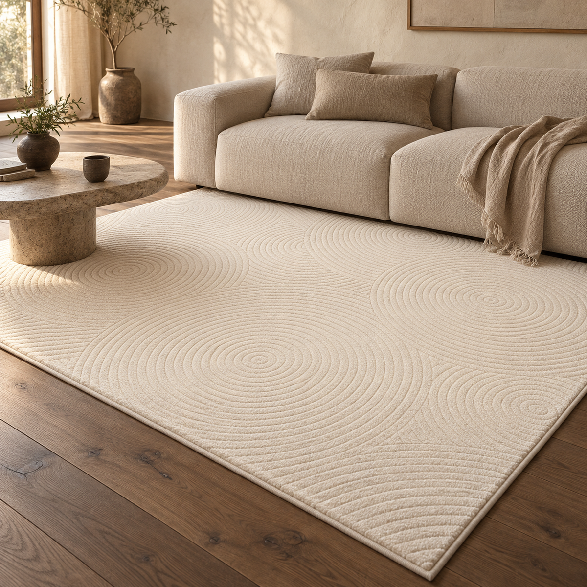 Tapis Sazanami crème dans un salon japandi – vue 1