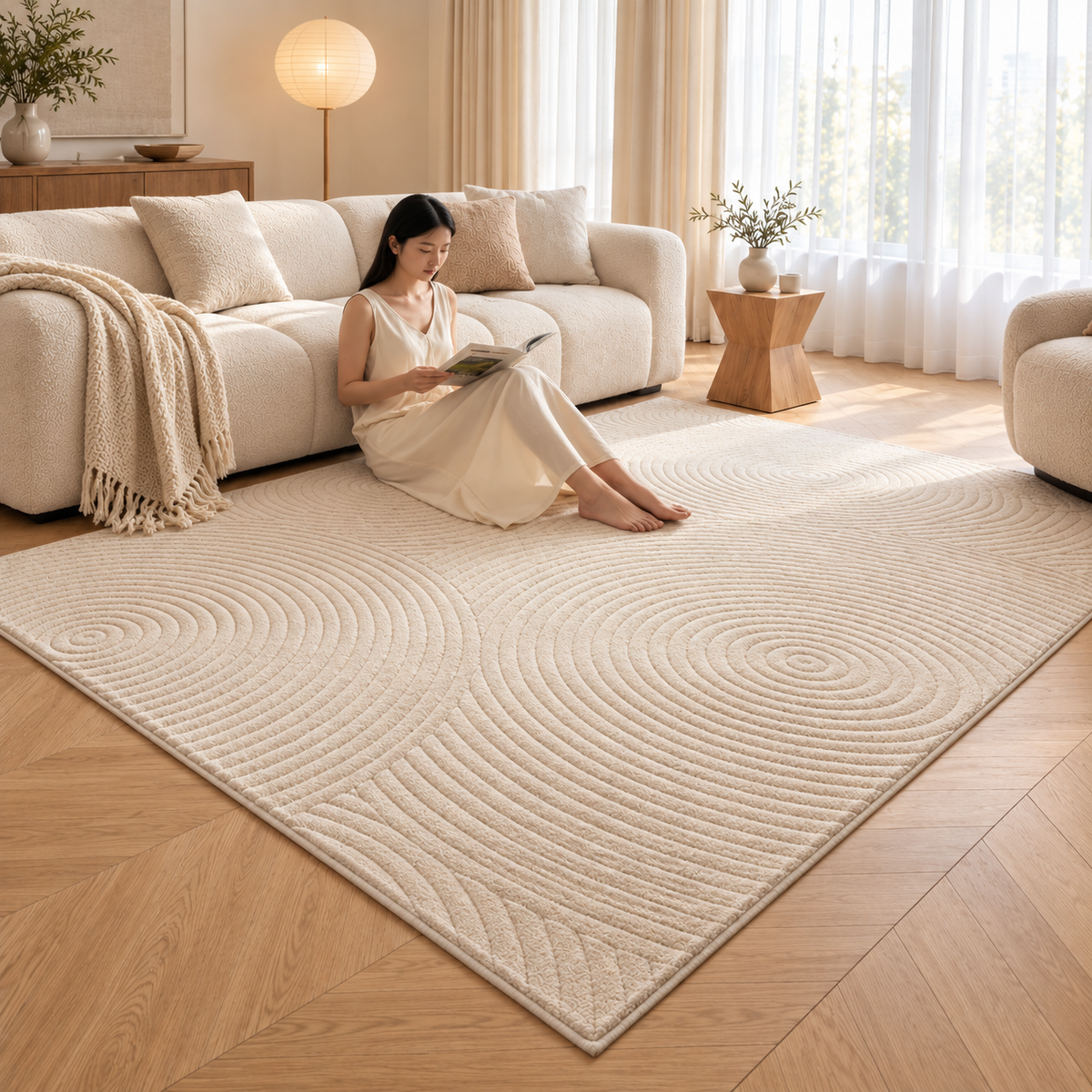 Tapis Sazanami crème dans un salon japandi – vue 4