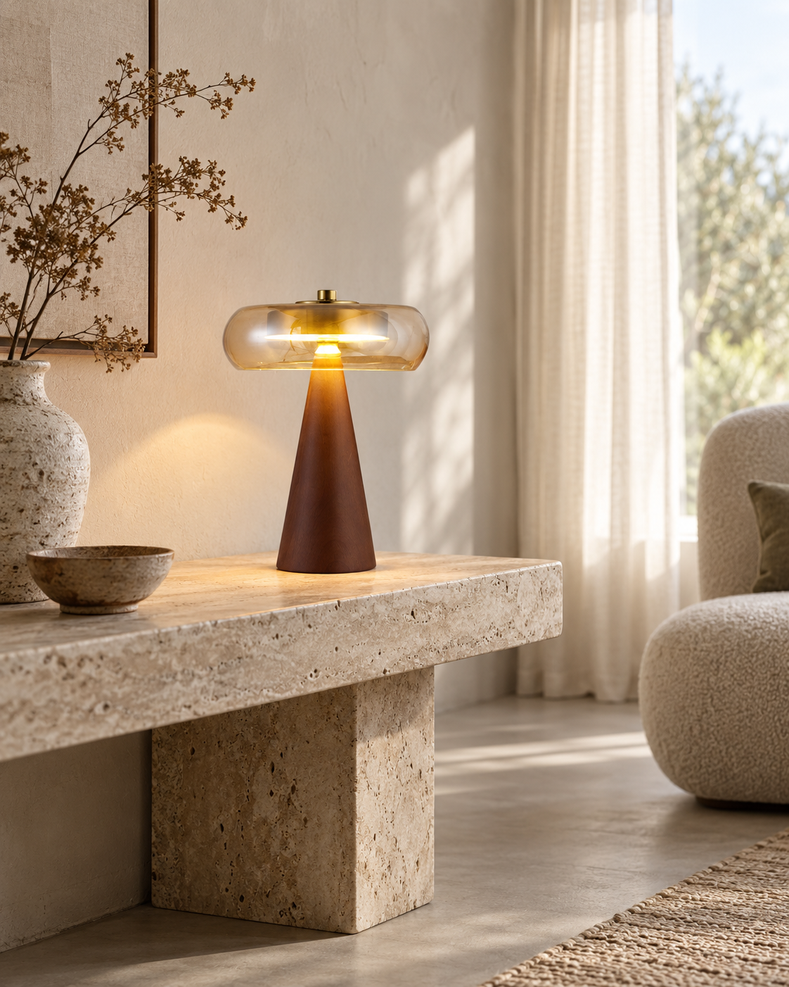 Lampe Kurumori en hévéa massif dans un intérieur