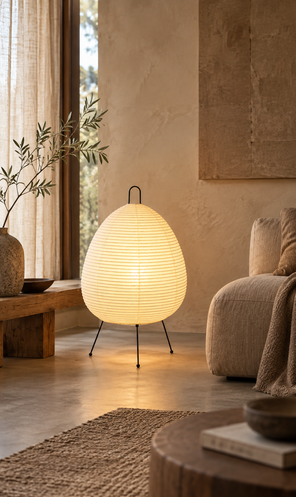 Lampe Tomoru en papier dans un intérieur japandi