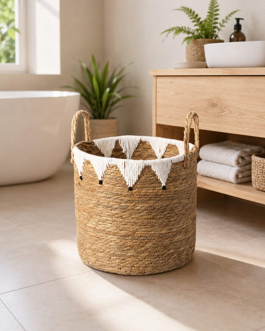 Corbeille à linge Wara en paille tressée dans une chambre