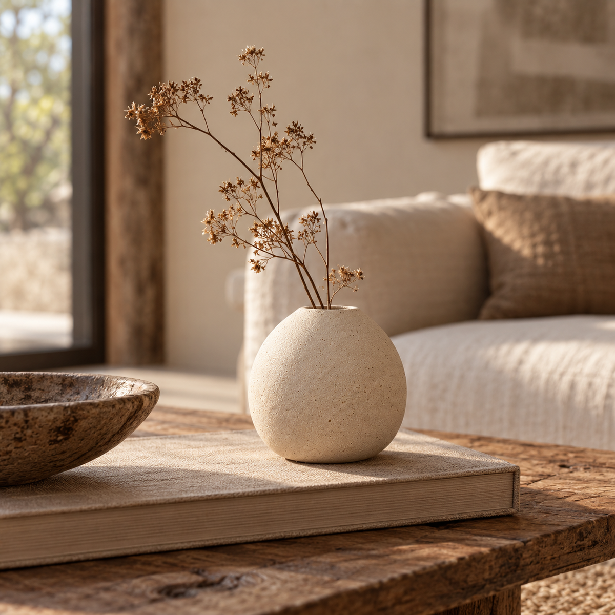 Vase Tsukimi en céramique crème mouchetée dans un intérieur