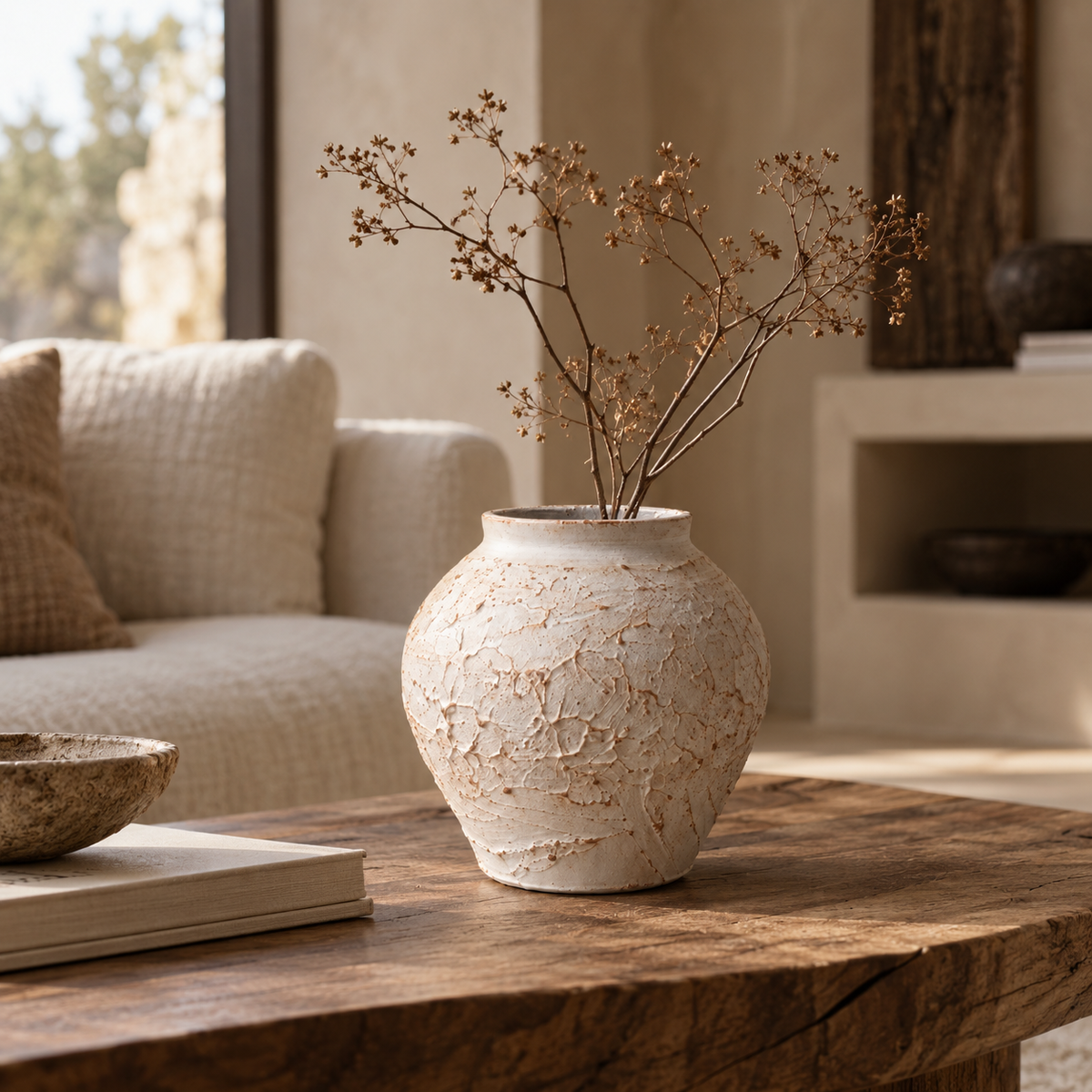 Vase Tsuchi en céramique blanche craquelée dans un intérieur
