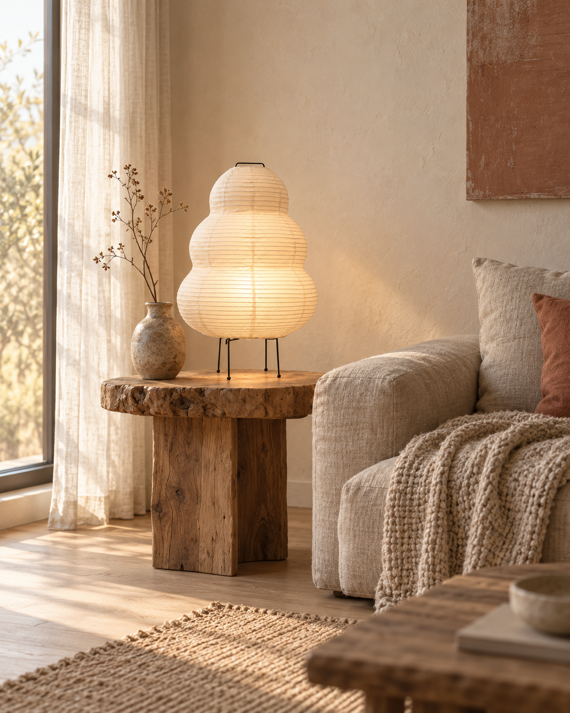 Lampe Tomoshibi en papier dans un intérieur japandi