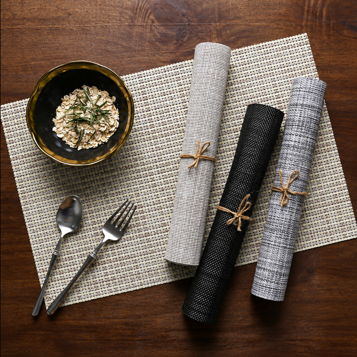 Sets de table Tsumugi dressés avec deux couverts et deux tasses