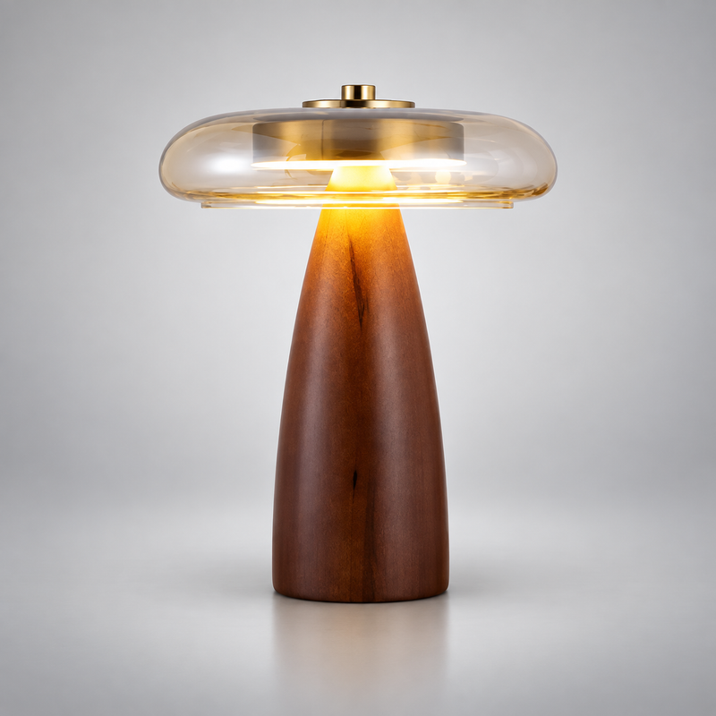 Lampe Kurumaru en hévéa massif et verre soufflé – vue principale
